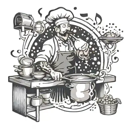 A Tattoo Design Of A Chef Cooking In A Kitchen With Musical Notes Floating Around