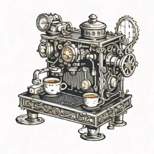 A Steampunk Coffee Machine With Anime Characters Operating It