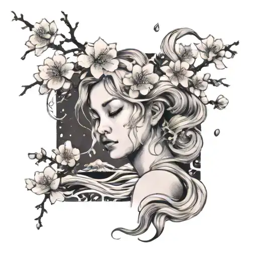 Cherry Blossom Tree Above Blonde Womans With Hair Blowing Across Her Face With River Under Her Feet