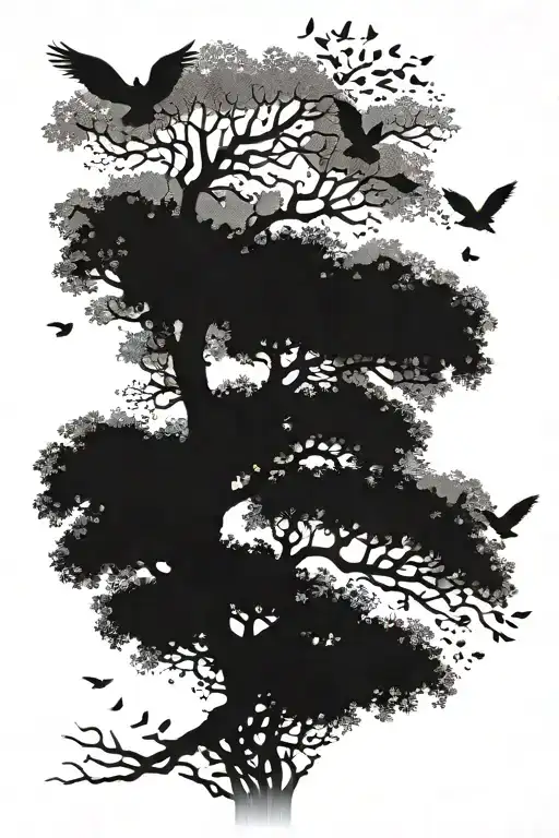 Oak Tree 3 Birds Flying