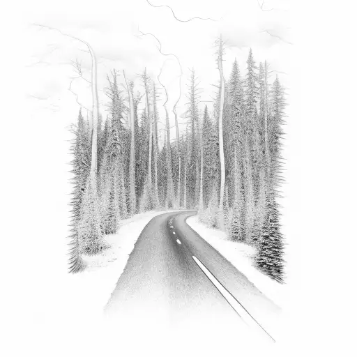 Winding Road Through Forest With Cloudy Sky And Lightning