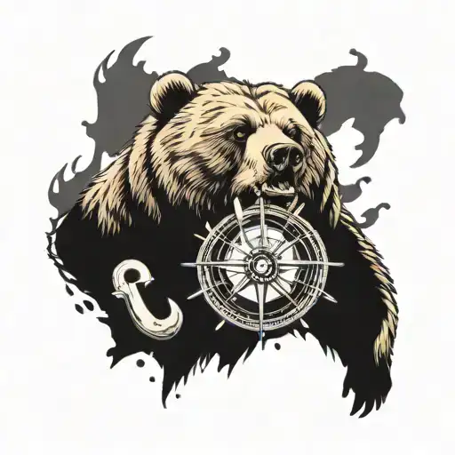 Grizzly Bear Roaring With Compass And Anchor By The Side As A Chest Piece
