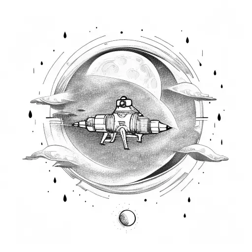 A Detailed Portrait Of The Moon With A Rocket Ship Landing On Its Surface