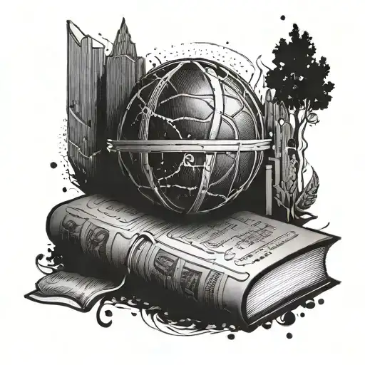 A Detailed Tattoo Design Of A Philosophical Book Morphing Into A Basketball