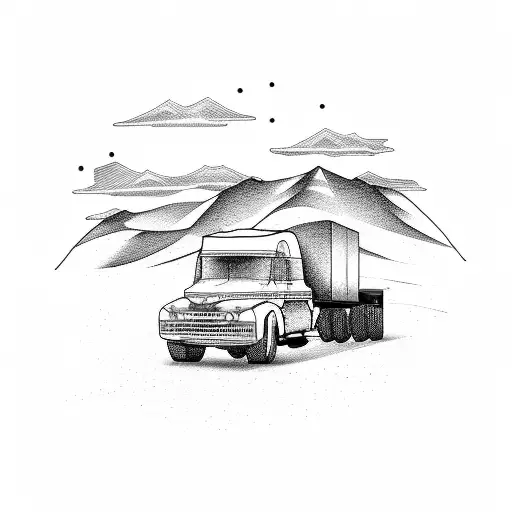 A Truck Driving Through The Desert With Mountains In The Background