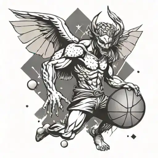 A Half Angel Half Demon Playing Basketball With Dice As The Basketball