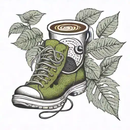 A Dotwork Design Of A Kiwi Fruit Intertwined With Hiking Boots And A Coffee Cup