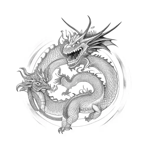 Two Dragons Pinned In The Tail With A Sword Warping Around It