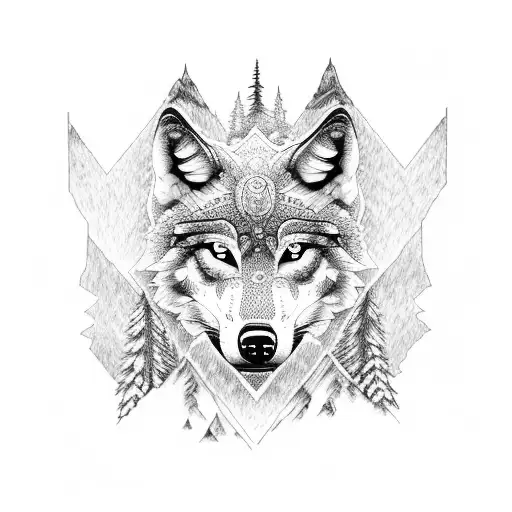 An Intricate Dotwork Tattoo Of A Wolf's Face Surrounded By Nature Elements Like Mountains And Trees