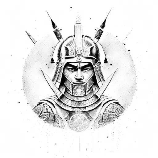 A Dotwork Design Of A Spartan Warrior's With Nature Elements