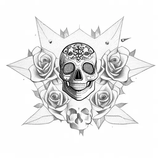 Skull With Roses And Stars Along Collar Line On Neck