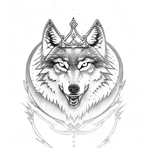 Full Body Wolf With A King's Crown On A Mountain