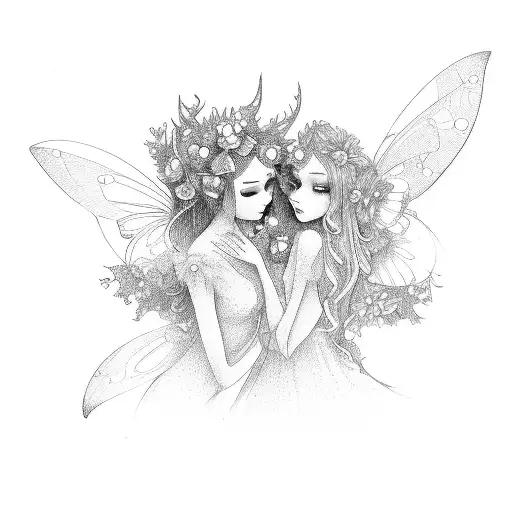 Two Fairies Around Lots Of Beautiful Flowers In A Long Shape