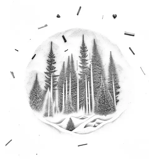 A Minimalist Tattoo Of A Forest Landscape With Hidden Tarot Cards Scattered Throughout