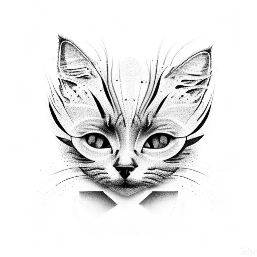 A Dotwork Tattoo Of A Gray Cat Surrounded By Various Types Of Flowers