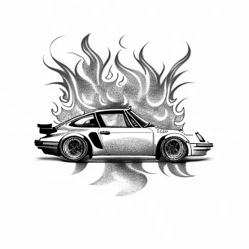 A Full Body Car Tattoo Featuring A Porsche Turbo 930 Surrounded By Flames