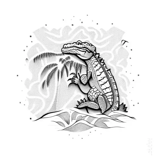 Alligator Climbing Down A Palm Tree