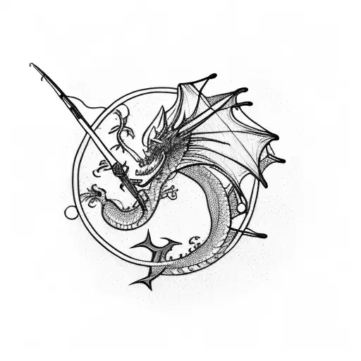 A Serene Fishing Scene With A Majestic Dragon Soaring Above The Water