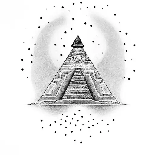 A Dotwork Tattoo Of An Aztec Pyramid With A Mexican Hairless Dog Sitting At Its Base