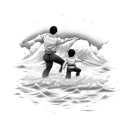 A Mother And Son Practicing Jiu-jitsu On A Beach With Ocean Waves In The Background