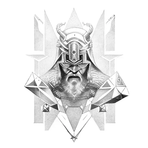 Cybernetic Viking Warrior Wielding A Sword In Front Of A Futuristic Pyramid