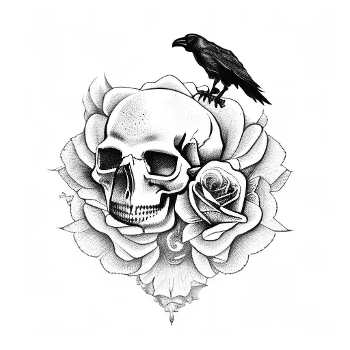 Crow Perched Upon A Skull Surrounded By Roses
