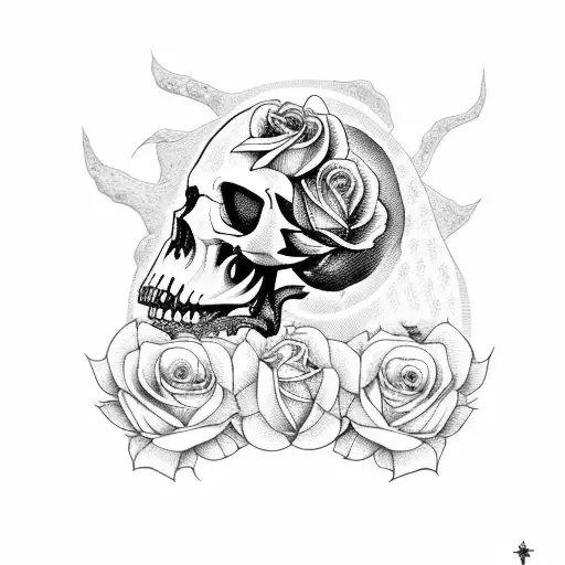 Crow Perched Upon A Skull Surrounded By Roses