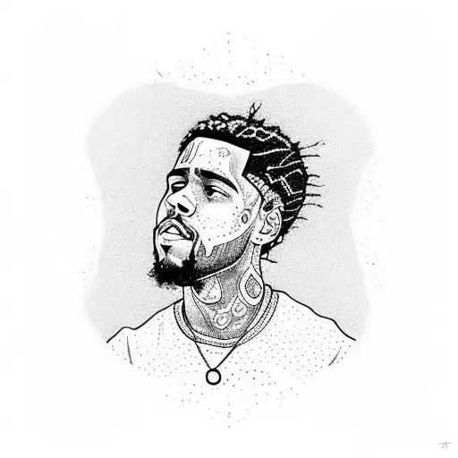 A Dotwork Tattoo Of J Cole Holding A Soccer Ball And Surrounded By Musical Notes