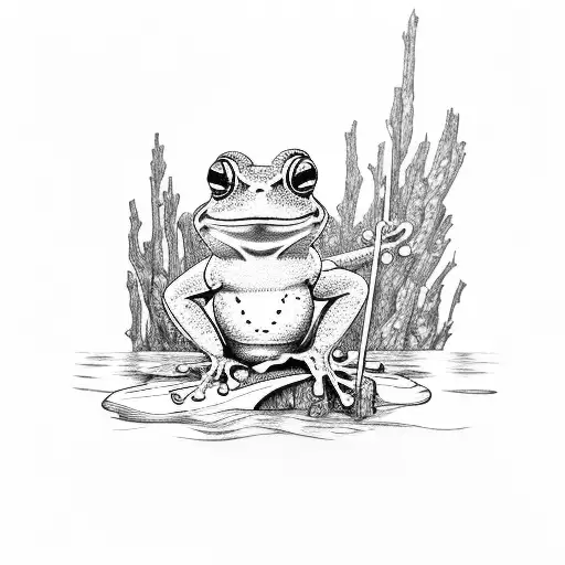 Frog Is Sitting On A Log And He Is Fishing