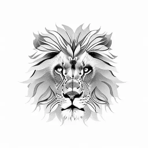 Face Of A Docile And Fierce Lion Decorated With Flowers