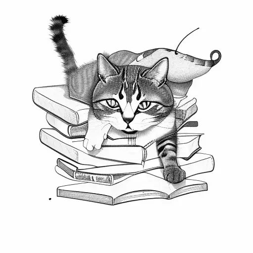 A Cat Curled Up Next To A Pile Of Books With A Moth Flying Above