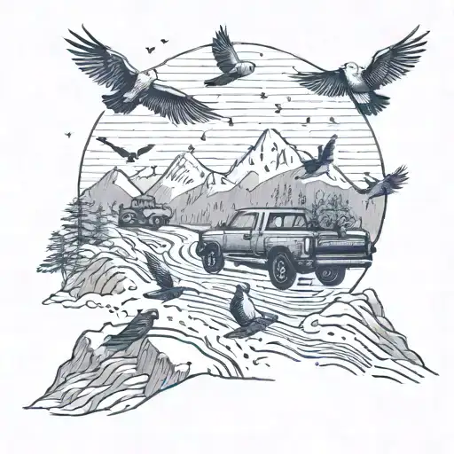 A Pickup Truck Driving Up A Mountain Road With A Flock Of Birds Flying Overhead