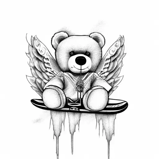 Teddy Bear With Angel Wings Riding A Skateboard