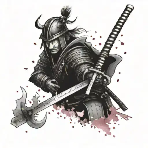 A Samurai In Armor Holding A Katana In Front Of Him In Blood And Dissolving Into Sakura Petals