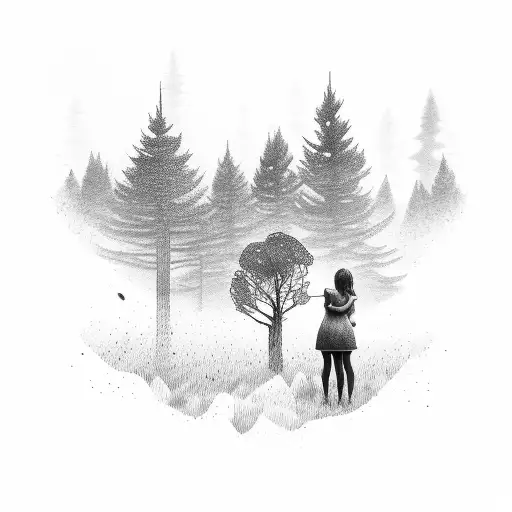 Father And Daughter Look Into The Distance In The Forest