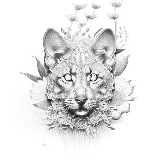 A Realistic Black And Grey Paw Print Surrounded By Intricate Botanical Elements