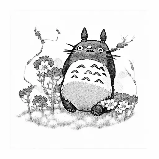 A Black And Grey Tattoo Of Totoro Dancing At A Festival With A Backdrop Of Cherry Blossom Trees