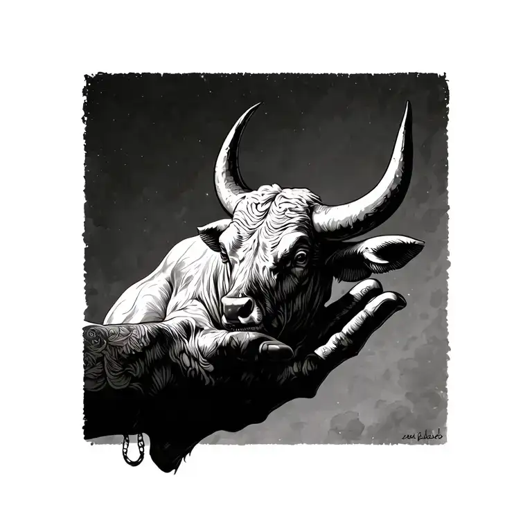 Bull On An Outstretched Hand Hold The Scales