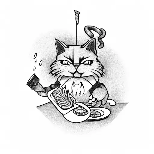 A Monster Chef Grilling Barbecue With A Cat As Their Assistant