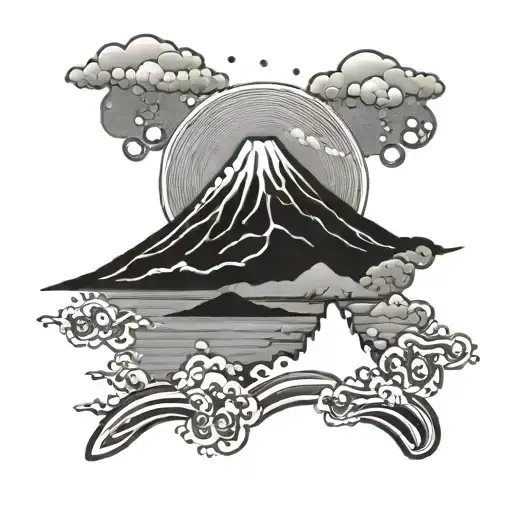 Mount Fuji With A Rising Sun And Japanese Characters