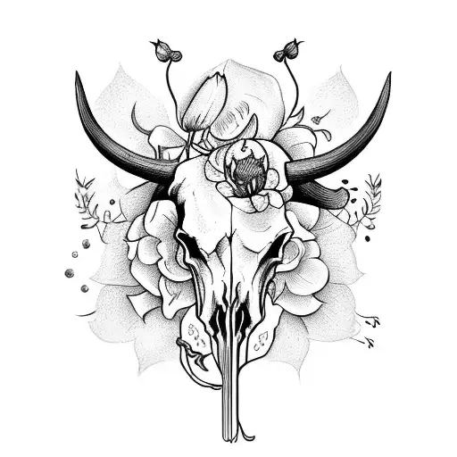 Bull Skull With Honeysuckle Narsiccus And Tulips With Symbols For A Healer And Free Spirit