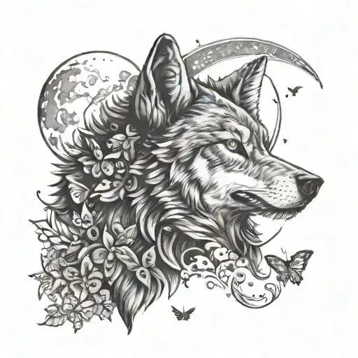 A Hauntingly Beautiful Tattoo Of A Wolf Howling At A Crescent Moon Surrounded By Butterflies