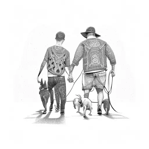 A Dotwork Tattoo Of Your Boys And Your Dog Walking On A Path Towards A Bright Horizon