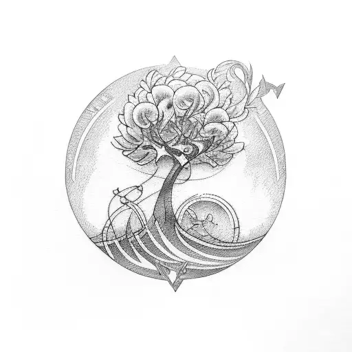 Horizontal Fine Line Tattoo That Signifies Connection And Includes Waves And Leaves