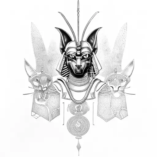 Anubis In Armor With Eye Of Ra Under Him And Egyptian Cat In Armor Under The Eye