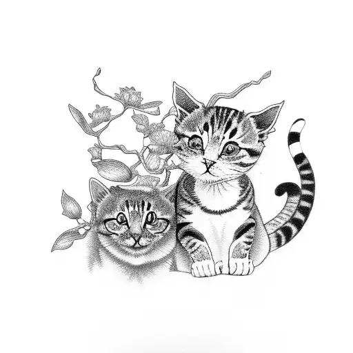 Two Cats One Has Grey Stripes And Other One Is Orange And White With A Blossom Tree And Dragonfly