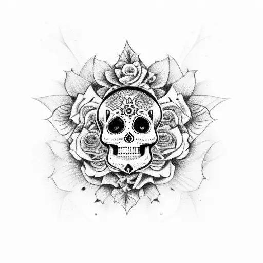Sugar Skull With Hibiscus Flowe