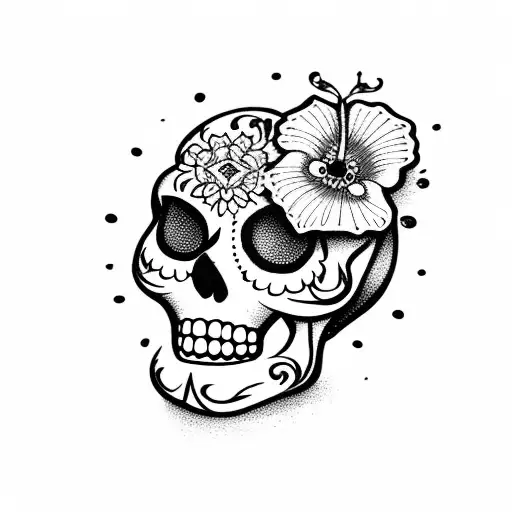Dia De Los Muertos Skull With Hibiscus Flowe