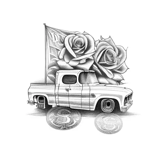 Lowrider Truck With Money Roses And A Banner Saying Shawn