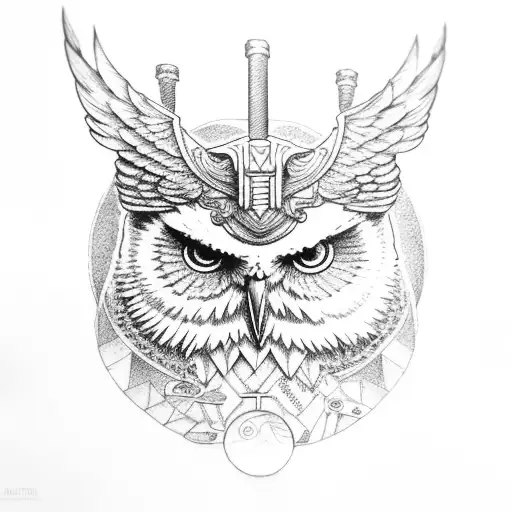 Athena Owl Sitting On Mjolnir In Front Of Moon